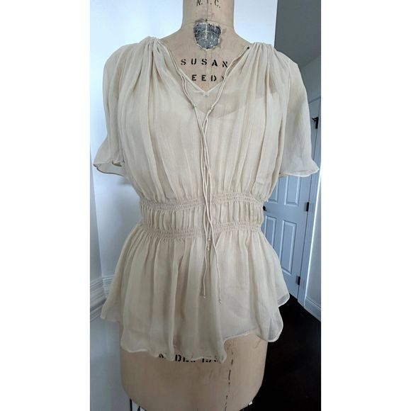 Theory Wmn Flax Tie Neck Raglan Short Sleeves Crinkled Silk Chiffon Top Sz M NWT - Picture 9 of 14